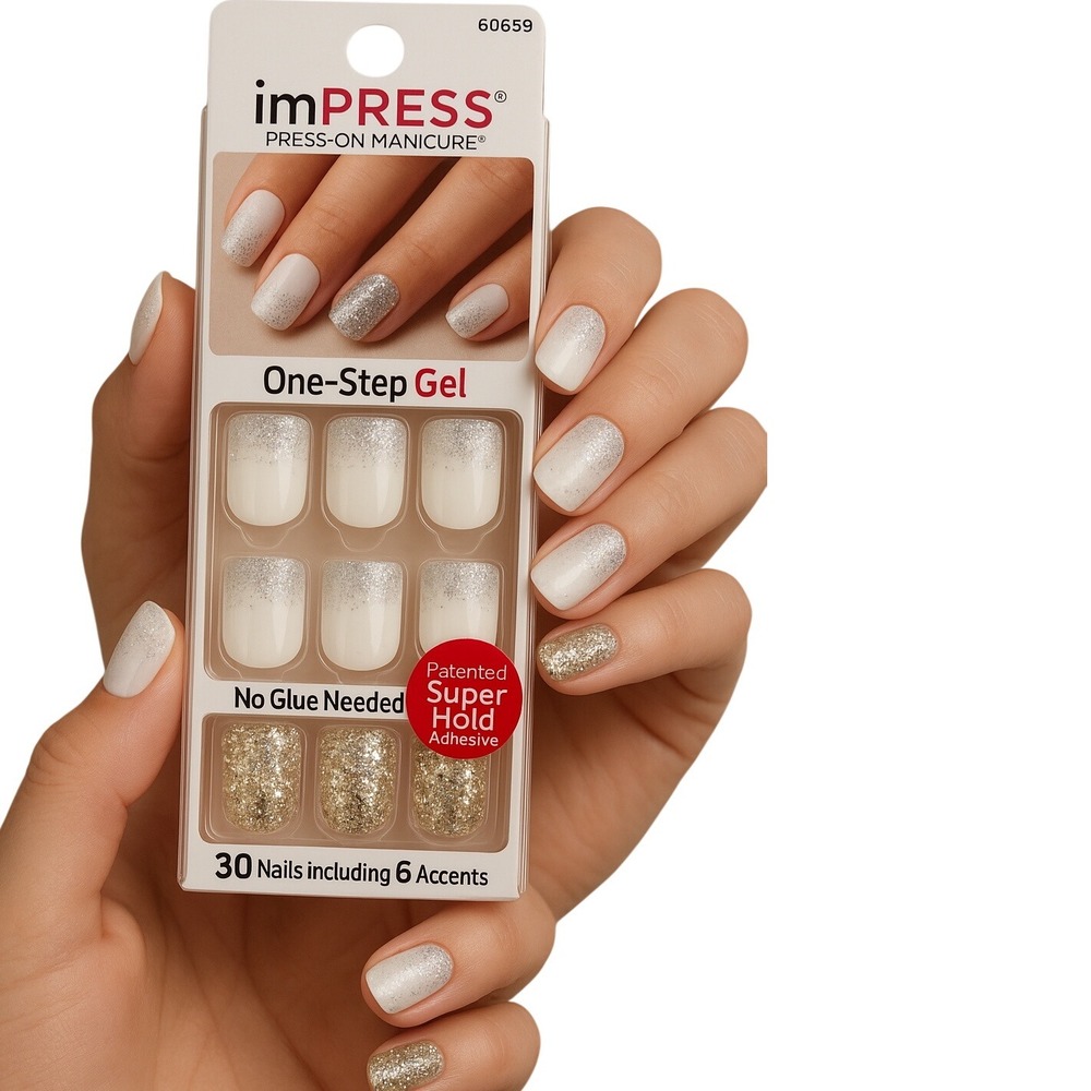 imPRESS One Step Gel Press On Nails One Shine Day White Glitter 30 Count 94-21